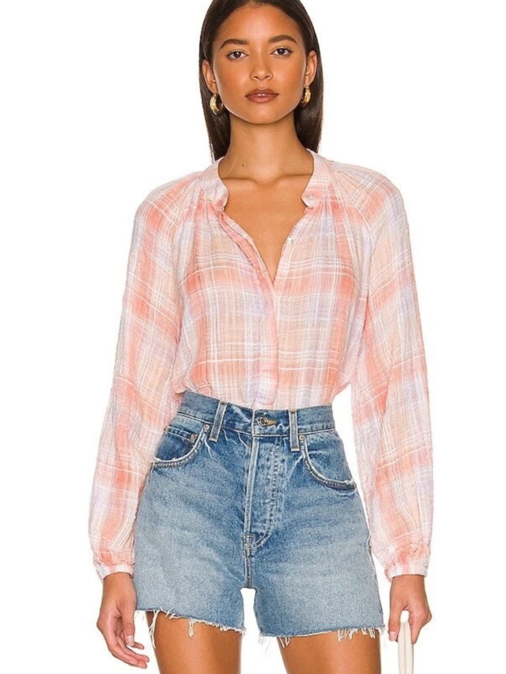 Bella Dahl Shirred Raglan Cotton‎ Gauze Shirt Coral Plaid Size XS NWT
